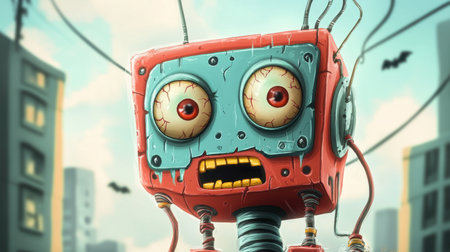 A whimsical zombie robot with a dented head and exposed wires, captured in a vibrant cartoon style, displaying big eyes and a playful spirit for Halloween.の素材