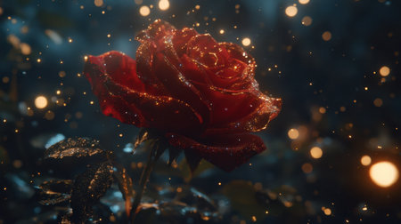 Blooming red rose with ethereal glow, enchanting sparkles and soft light, magical realism style, Valentine Day themeの素材