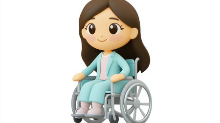 Cute cartoon clipart of a person in a wheelchair, healthcare concept, light blue, isolated on whiteの素材
