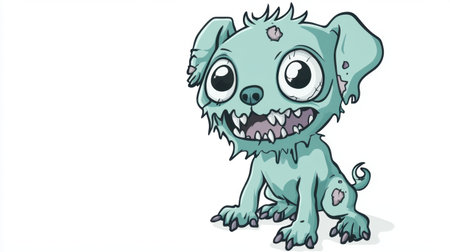Cartoon-style adorable zombie puppy with oversized eyes and ragged fur, showing a playful and cheerful demeanor, against a plain white backdrop.の素材