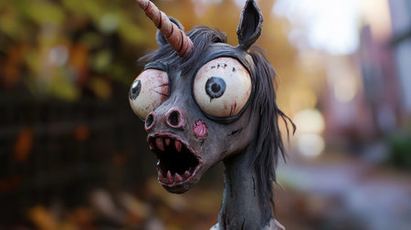 Cute zombie unicorn with big eyes, crooked horn, tattered mane, cartoon style, playful and spooky, Halloween vibeの素材