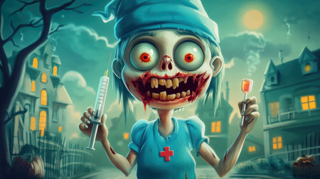 Fun zombie nurse in Halloween attire, holding a syringe, cartoon style, big eyes, tattered outfit, playful scareの素材