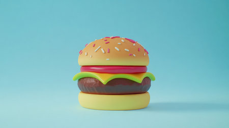 Playful burger illustration with bold colors, isolated on white, cartoon style, perfect for food and kids' themed designsの素材