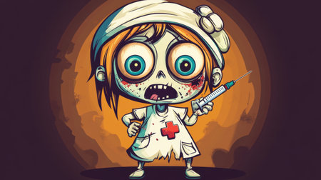 Fun zombie nurse in Halloween attire, holding a syringe, cartoon style, big eyes, tattered outfit, playful scareの素材