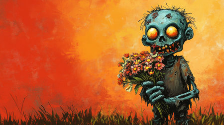 Playful cartoon zombie with exaggerated features and a cheerful grin, showcasing a bouquet of dead flowers in tattered clothes against a fun Halloween background.の素材
