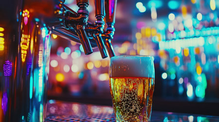 Close-up shot of a beer tap in action, filling a pint glass amidst a vibrant bar environment, enhanced by colorful lights and a bustling atmosphere.の素材