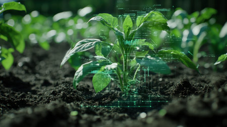 Plant in soil with overlay of technological data, representing modern agricultural innovation, smart farm conceptの素材