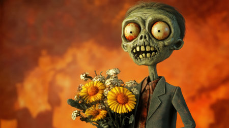Playful cartoon zombie with exaggerated features and a cheerful grin, showcasing a bouquet of dead flowers in tattered clothes against a fun Halloween background.の素材