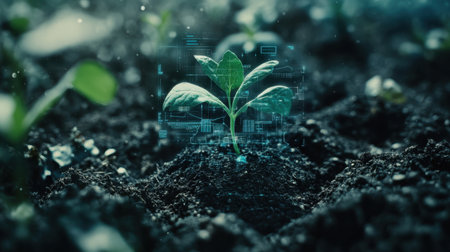 Plant in soil with overlay of technological data, representing modern agricultural innovation, smart farm conceptの素材