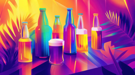 Retro-inspired beer advertisement with vibrant hues, displaying classic beer bottles and glasses, creating a nostalgic ambiance perfect for bars and breweries.の素材