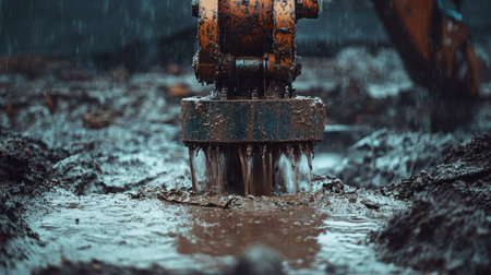 Close-up of a powerful submersible pump at work, removing water from a muddy construction site, illustrating the essential role of construction equipment in drainage.の素材