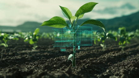 Young green plant with digital overlay of growth data, cyber-style, in smart farm setting, symbolizing agriculture 4.0の素材