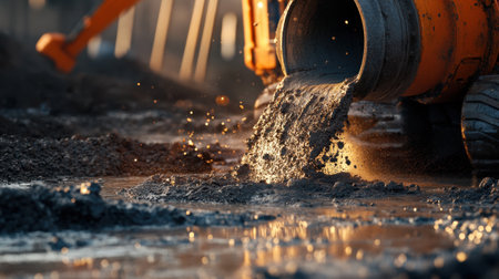 Close-up of a powerful submersible pump at work, removing water from a muddy construction site, illustrating the essential role of construction equipment in drainage.の素材