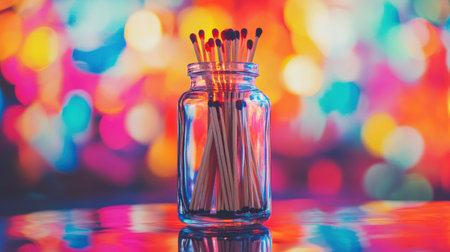 A glass jar filled with matchsticks stands out against a colorful, abstract background, evoking warmth and creativity in a still life composition.の素材