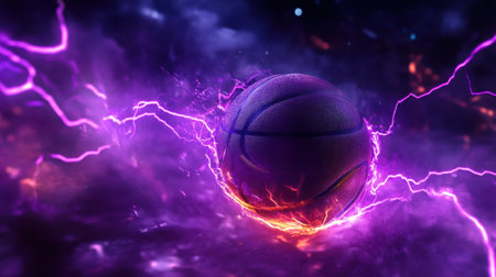 A stunning basketball surrounded by electric energy effects, showcasing a vibrant purple background. Perfect for sports-themed projects, digital art, and advertising.の素材
