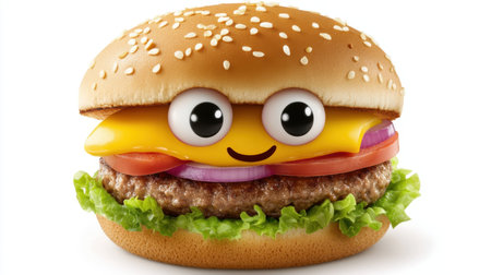 Smiling burger with big eyes and bright colors, cartoon-style, isolated on white, fun kids meal conceptの素材
