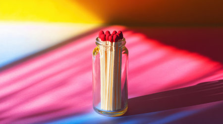 A vibrant arrangement of wooden matches in a glass jar, set against a colorful background. The play of light and shadow adds depth and interest.の素材