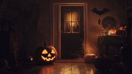 A captivating Halloween scene featuring glowing Jack-o'-lanterns on a rustic wooden floor, creating an eerie ambience with shadows and soft candlelight.の素材