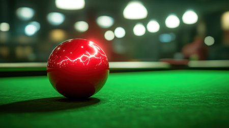 A striking red ball emits electric sparks on a green pool table, capturing the excitement and tension of a competitive game in a vibrant indoor setting.の素材