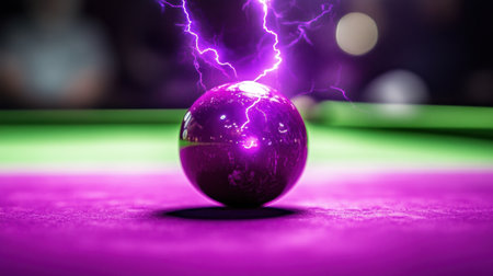 A striking image of a purple pool ball surrounded by electric light effects, creating a dynamic and vibrant atmosphere perfect for sports or gaming themes.の素材