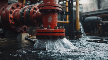 Close-up of robust equipment pumping water for a fire suppression system, emphasizing reliability and safety infrastructure, crucial for public safety and fire prevention.の素材