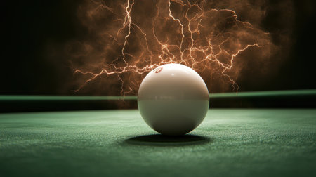 A striking image of a white pool ball set on a green table, surrounded by vibrant lightning energy, creating a dynamic and intense atmosphere perfect for sports and gaming themes.の素材