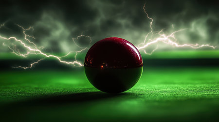 A striking red sphere sits against a vibrant green backdrop, surrounded by dramatic lightning strikes. This captivating image evokes a sense of energy and mystery.の素材