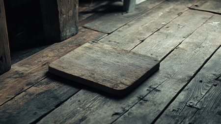 A simple wooden square resting on rustic floorboards, highlighting natural textures and aged beauty, perfect for design or interior decor themes.の素材