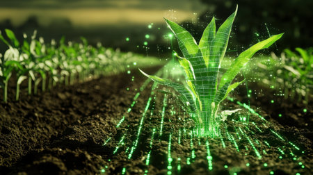 Young green plant with digital overlay of growth data, cyber-style, in smart farm setting, symbolizing agriculture 4.0の素材