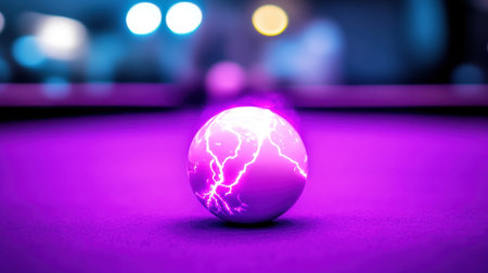 A striking close-up of a purple pool ball with an electric design, set against a softly lit table, showcasing energy and vibrancy in a game setting.の素材