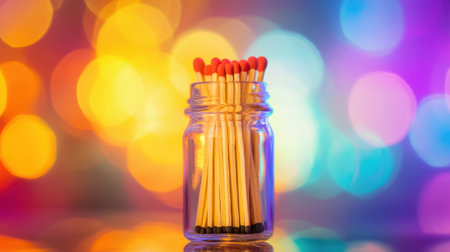 A jar filled with matchsticks stands against a vibrant bokeh background, creating a warm and inviting atmosphere perfect for artistic projects or home decor.の素材