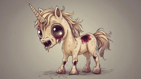 Playful zombie unicorn with big eyes, torn mane, and crooked horn, cartoon style, Halloween theme, spooky yet cuteの素材