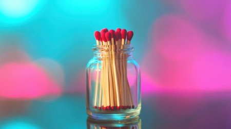 A jar filled with red-tipped matchsticks captures vibrant colors and reflections. This artistic still life showcases simple beauty and warmth.の素材