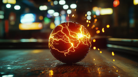 A mesmerizing electric sphere surrounded by vibrant sparks captures attention in a dimly lit environment, offering an abstract visual experience.の素材