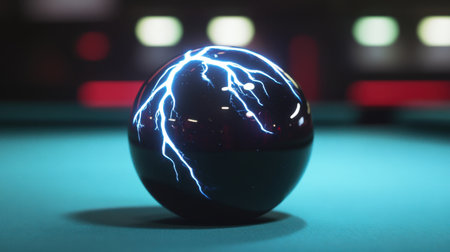 A striking electric billiard ball with glowing lightning effects rests on a blue pool table. Perfect for themes of energy, competition, and sports.の素材
