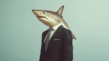 A surreal representation of a businessman with a shark head wearing a stylish suit, merging elements of marine life and corporate culture in a striking visual.の素材