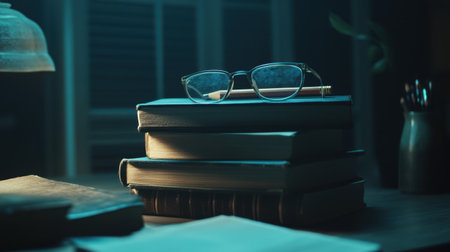 A serene nighttime scene featuring stacked books and glasses on a desk, illuminated by soft ambient light. Perfect for themes of education and knowledge.の素材