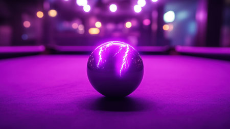 A captivating purple sphere with lightning effects rests on a pool table, creating a surreal and vibrant atmosphere for any creative project or design.の素材