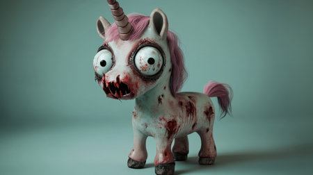 Zombie unicorn with tattered mane, big eyes, crooked horn, cartoon style, cute yet spooky, Halloween funの素材