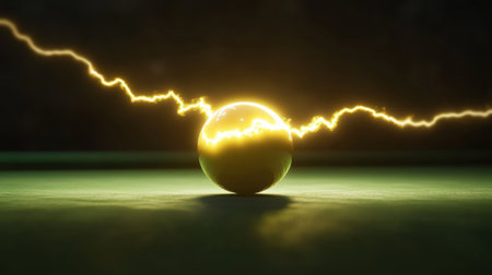 A captivating image of a glowing sphere surrounded by electric energy. This dynamic visual effect showcases the concept of illumination and power in a dark background.の素材