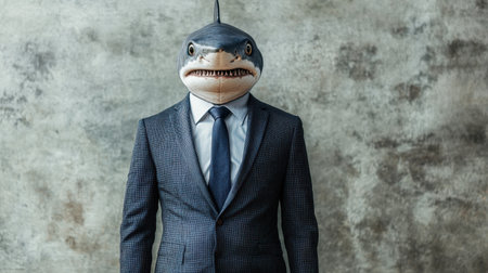 A businessman in a shark head costume wearing a suit and tie, creating a humorous and surreal impression. This unique image blends professionalism with fantasy.の素材