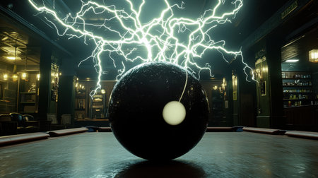 A dramatic scene featuring a glowing energy sphere surrounded by vibrant lightning in an atmospheric bar setting, creating a captivating visual impact.の素材