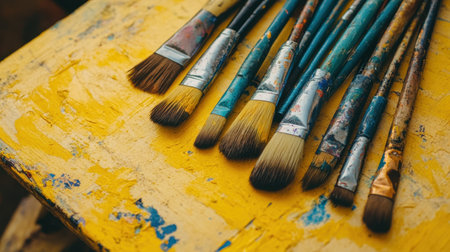 This image showcases a collection of colorful paint brushes resting on a bright yellow surface, highlighting the tools of an artist's craft. Perfect for creative projects.の素材