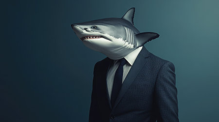 A surreal image of a businessman with a shark head wearing a suit, blending elements of professionalism with an unexpected twist, evoking curiosity.の素材