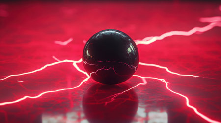 A sleek black sphere surrounded by electric energy on a vibrant red surface. This visually striking image captures the essence of technology and creativity.の素材