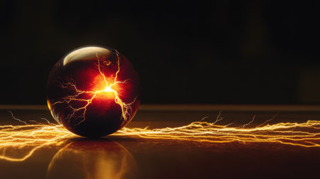 A captivating electric energy sphere resting on a surface, showcasing vibrant orange lightning bolts. This dramatic composition highlights a fusion of technology and nature, perfect for creative projects.の素材