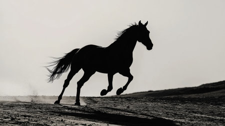 A striking silhouette of a horse running gracefully on a sandy beach at dusk, capturing the essence of freedom and beauty in nature.の素材