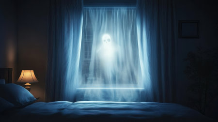 A ghostly figure looms behind sheer curtains in a dark bedroom, creating an eerie atmosphere filled with mystery and suspense, perfect for horror themes.の素材
