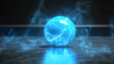 A captivating electric blue sphere radiates with vibrant light effects, creating a dynamic abstract scene. Ideal for modern design and technology themes.の素材