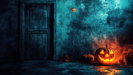 A chilling Halloween scene featuring a carved pumpkin glowing in the darkness next to an old wooden door, setting an eerie and festive mood.の素材